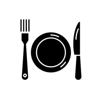 Plate, fork and knife black icon, vector sign on isolated background. Plate Stock Illustration