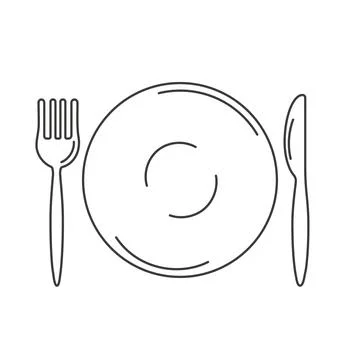 Plate, fork and knife icon set. Line of cutlery for the restaurant business Stock Illustration