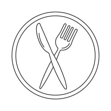 Plate, fork and knife icon set. Line of cutlery for the restaurant business Stock Illustration
