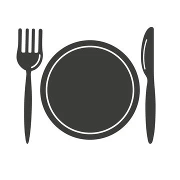 Plate, fork and knife icon set. Silhouette of cutlery for the restaurant Stock Illustration
