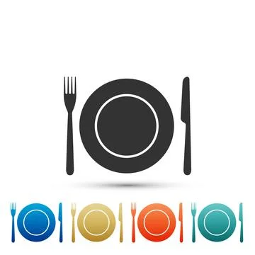 Plate, fork and knife icon isolated on white background. Cutlery symbol. Re.. Stock Illustration