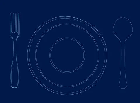 Plate, fork and knife icon with blue stroke Stock Illustration
