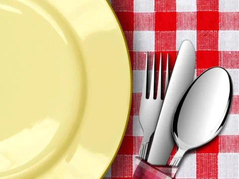 Plate with fork and knife on red tablecloth Stock Illustration