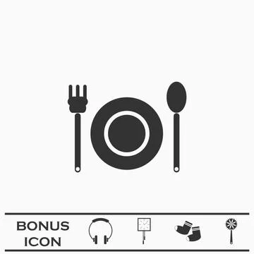 Plate with fork and spoon icon flat. Stock Illustration
