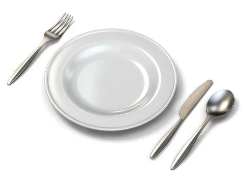 Plate, fork, knife and spoon side view 3D Stock Illustration