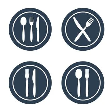 Plate fork spoon and knife icons on white background. Stock Illustration