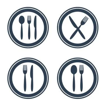 Plate fork spoon and knife icons on white background. Stock Illustration