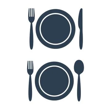 Plate fork spoon and knife icons on white background. Stock Illustration