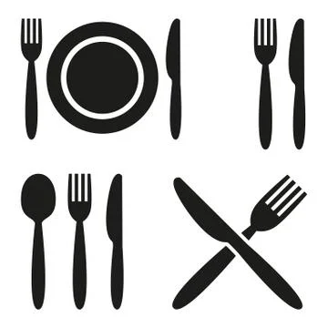 Plate, fork, spoon and knife icons. Stock Illustration