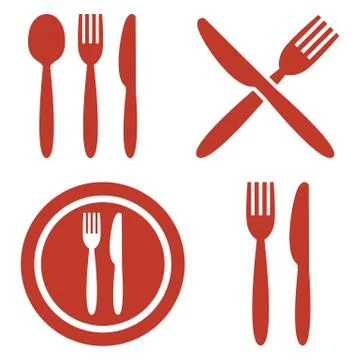 Plate, fork, spoon and knife icons. Stock Illustration