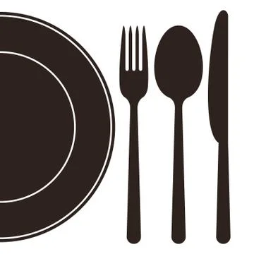 Plate, fork, spoon and knife Illustrazione stock