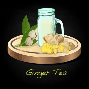 Plate with fresh ginger on black background illustration set. Vector. Stock Illustration