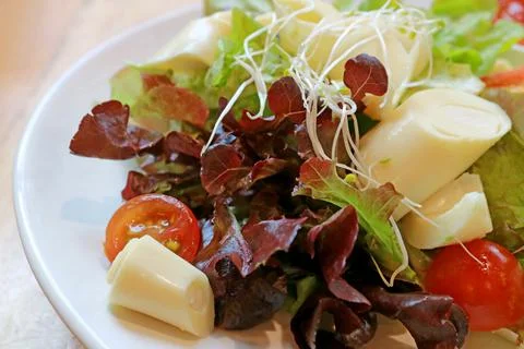 Plate of fresh ruby red and green lettuce with tomato summer salad 스톡 사진