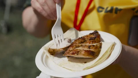 Plate of fried chicken with sauce and pita bread Stock Footage 252984953