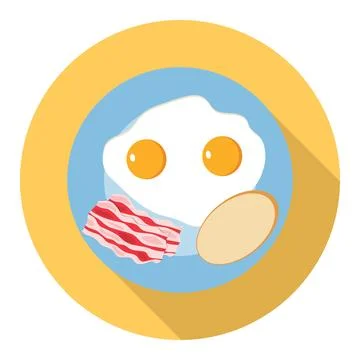 Plate with fried eggs, bacon and a piece of bread isolated on a yellow back. Stock Illustration