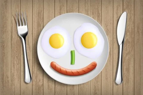 Plate with fried eggs, vegetable and sausage like a smiling face Stock Illustration