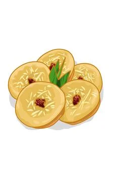 A plate of fried mud cake with Pandanus leaves, sliced chesse, dry Raisins on it Stock Illustration