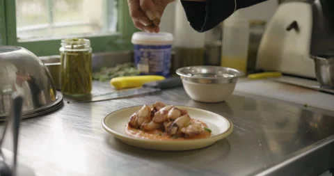 Plate full of fried squid is garnished by the chef kitchen Stock Footage 274653215