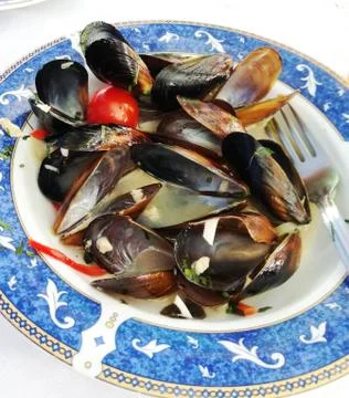 A plate full of shells and a fork. Stock Photos