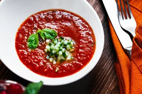 A plate of gazpacho on a table Stock Photos