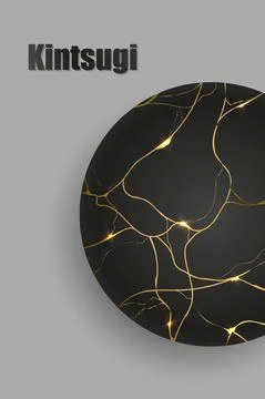 Plate with gold kintsugi on gray background. Crack and broken effects. Marble Stock Illustration