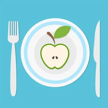 Plate with green apple fruit half, fork and knife on blue background with sha Stock Illustration
