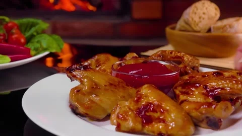 A plate of grilled chicken wings is placed on a table against a fireplace Video stock 294782068