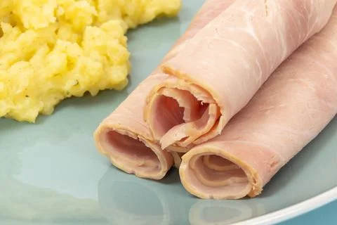 Plate of ham and mash close-up Foto stock