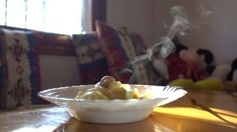 Plate with hot pasta on the table Stock Footage 63621455