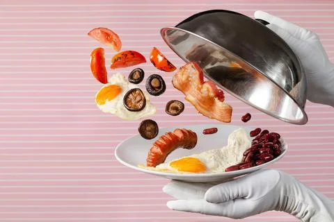 Plate with hovering breakfast Stock Photos