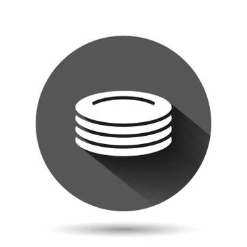 Plate icon in flat style. Dish vector illustration on black round background  库存插图