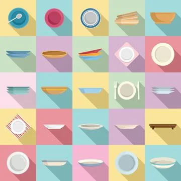 Plate icons set flat vector. Food cutlery Illustrazione stock