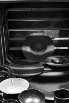 Plate kitchen kitchen tools black and white Stock Photos