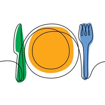 Plate, knife and fork one line vector illustration Stock Illustration