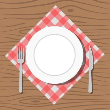 Plate knife and fork on red checked cloth. vector illustration in flat style. Stock Illustration