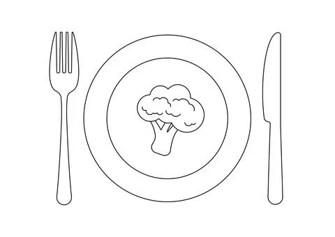 Plate knife fork and broccoli line art icon set isolated on white background. Stock Illustration