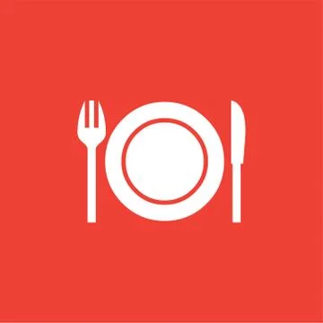 Plate with Knife &amp; Fork Icon On Red Background. Red Flat Style Illustration Illustrazione stock