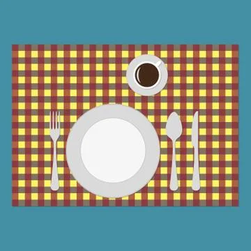 Plate, knife, fork, spoon and cup on the table. Top view of table setting.  Stock Illustration