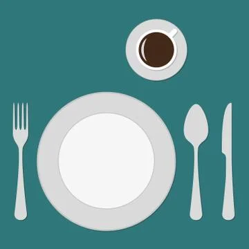 Plate, knife, fork, spoon and cup. Top view of table setting. Flat design. Stock Illustration