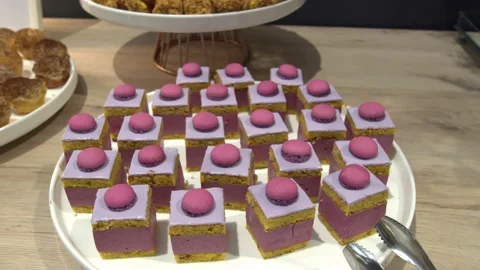 Plate of layered mini dessert cake with pink mousse, macaron on top Stock Footage 196872872