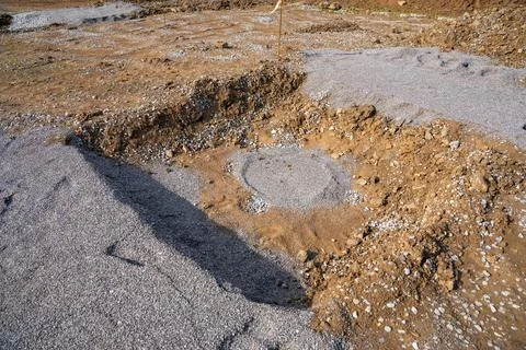 Plate load test results visible on soil surface after static pressure Stock Photos