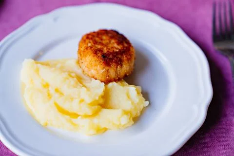 Plate with mashed potatoes and cutlets. children's menu. Stock Photos