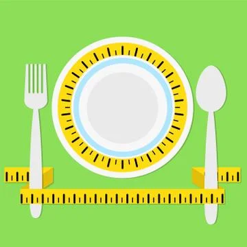 Plate with measuring tape, fork and spoon on green background with shadow, ke Stock-Illustration