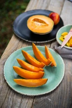 Plate with melon slices Stock Photos