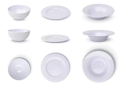 Plate mockup. White ceramic dish bowl, empty porcelain for food. Realistic top Stock Illustration