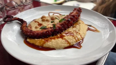 Plate with Octopus leg on Hummus in Paris, France Stock Footage 242367455