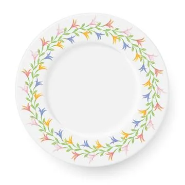 Plate with a pattern of lilies on a white background. A wreath of flowers is Stock Illustration