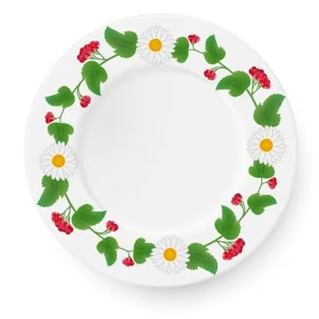 Plate with a pattern of viburnum and daisies gerberas on a white background Stock Illustration