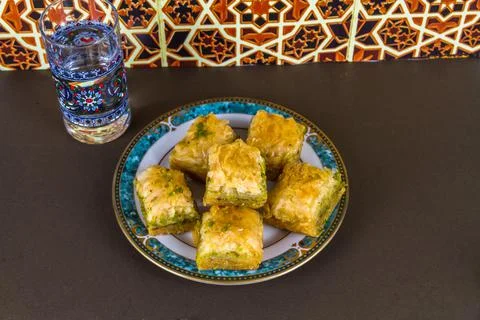 Plate piled with Baclava, elevated Stock Photos