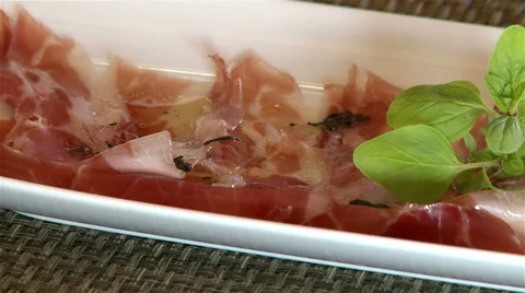 A plate with Portuguese serrano ham. Stock Footage 63396161